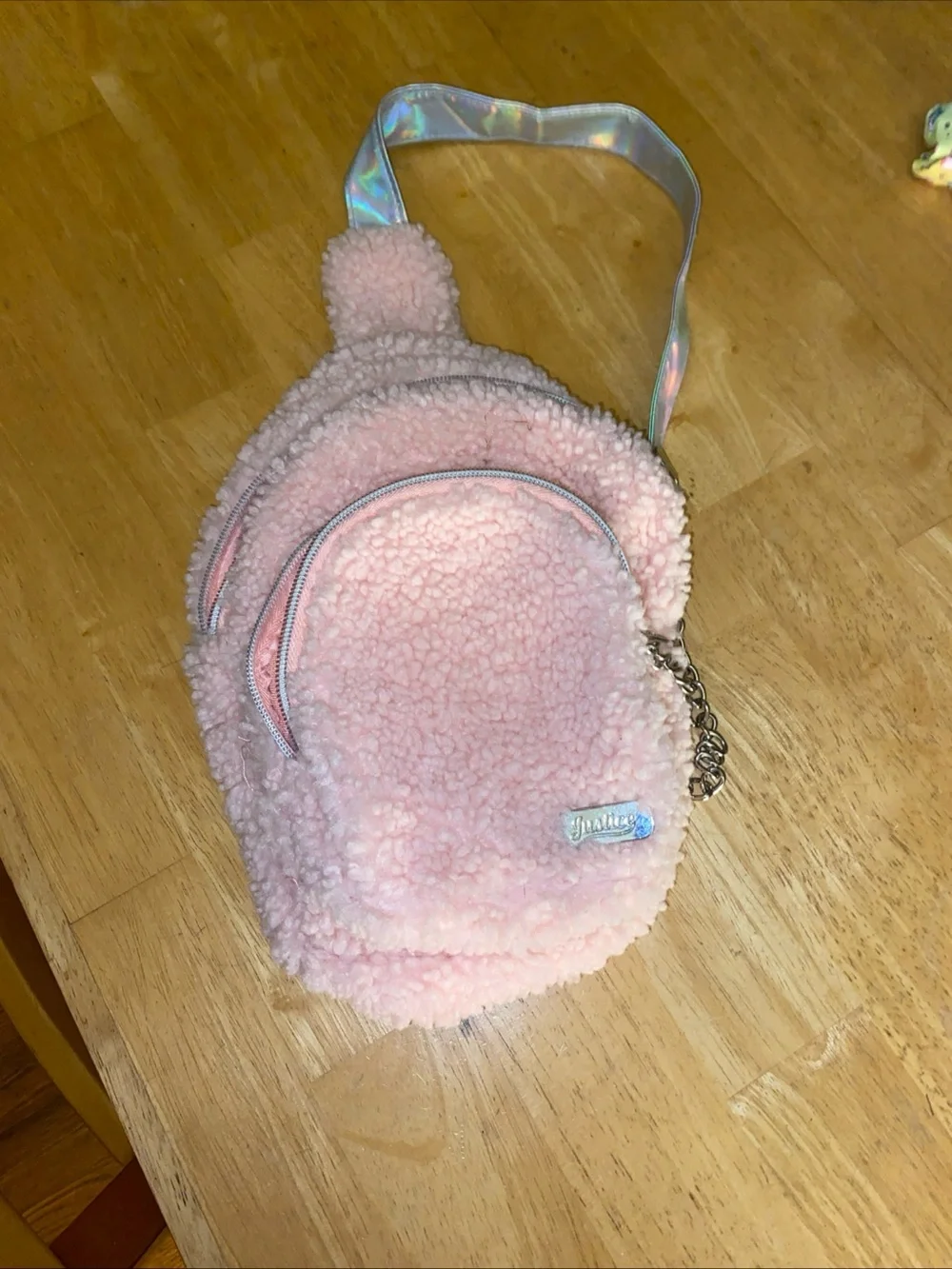 Justice Pink Sherpa Mini Crossbody Bag with Iridescent Strap